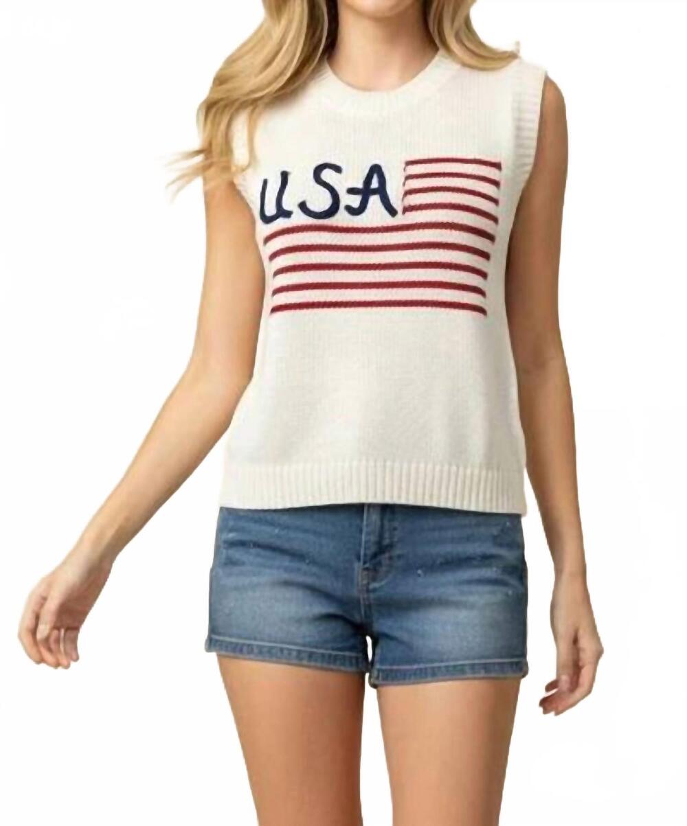 NEW PINCH usa script sleeveless sweater in white